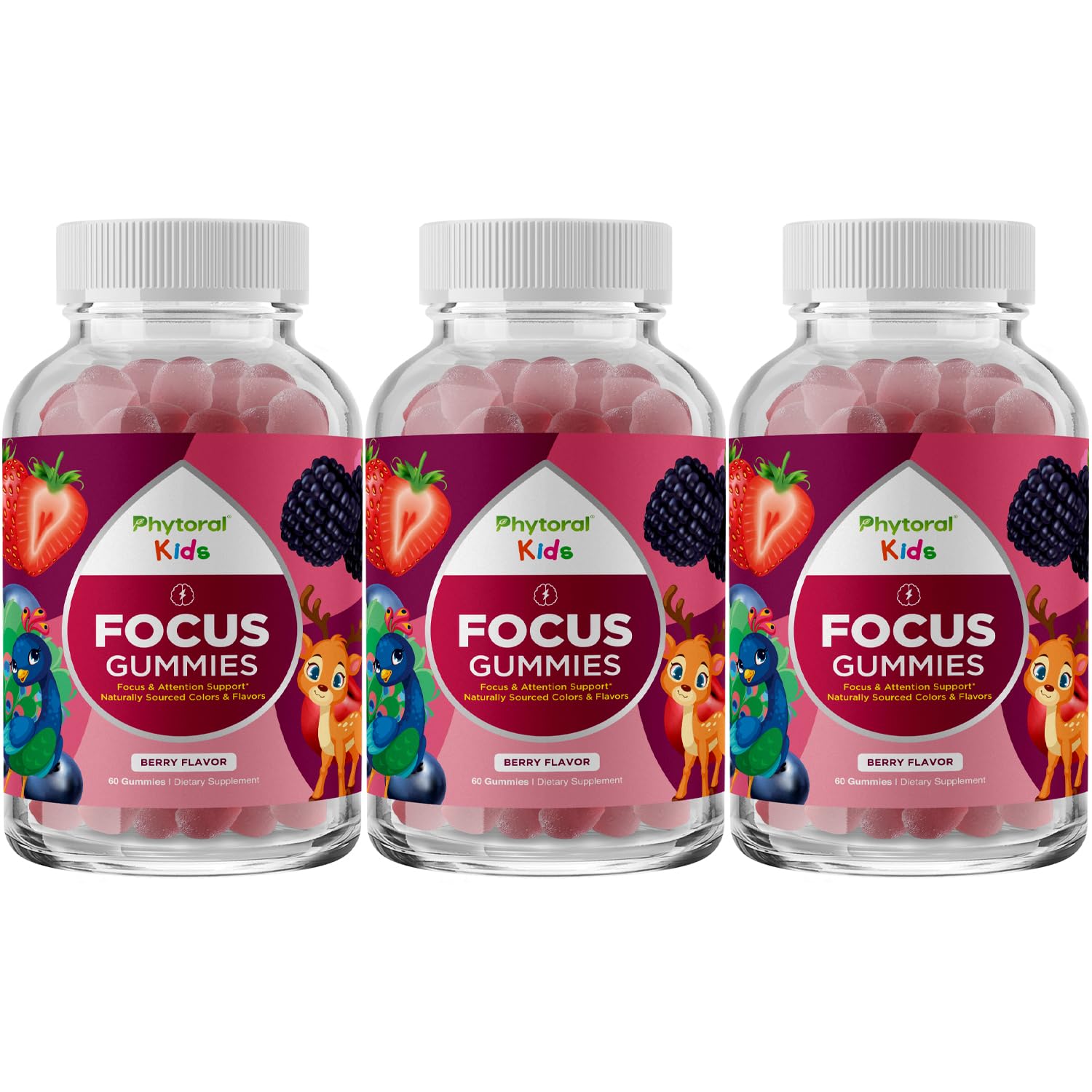Vegan Kids Focus Gummies packaging front showing 3-pack