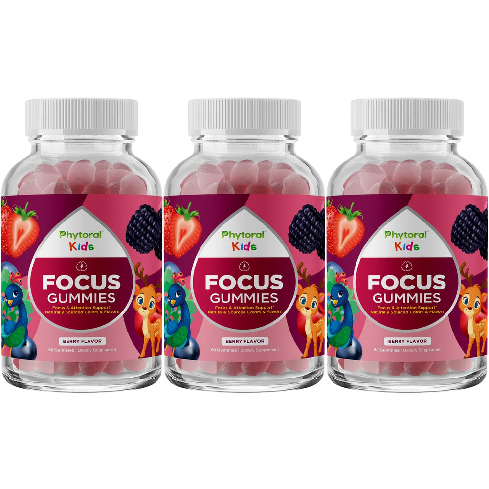 Vegan Kids Focus Gummies packaging front showing 3-pack