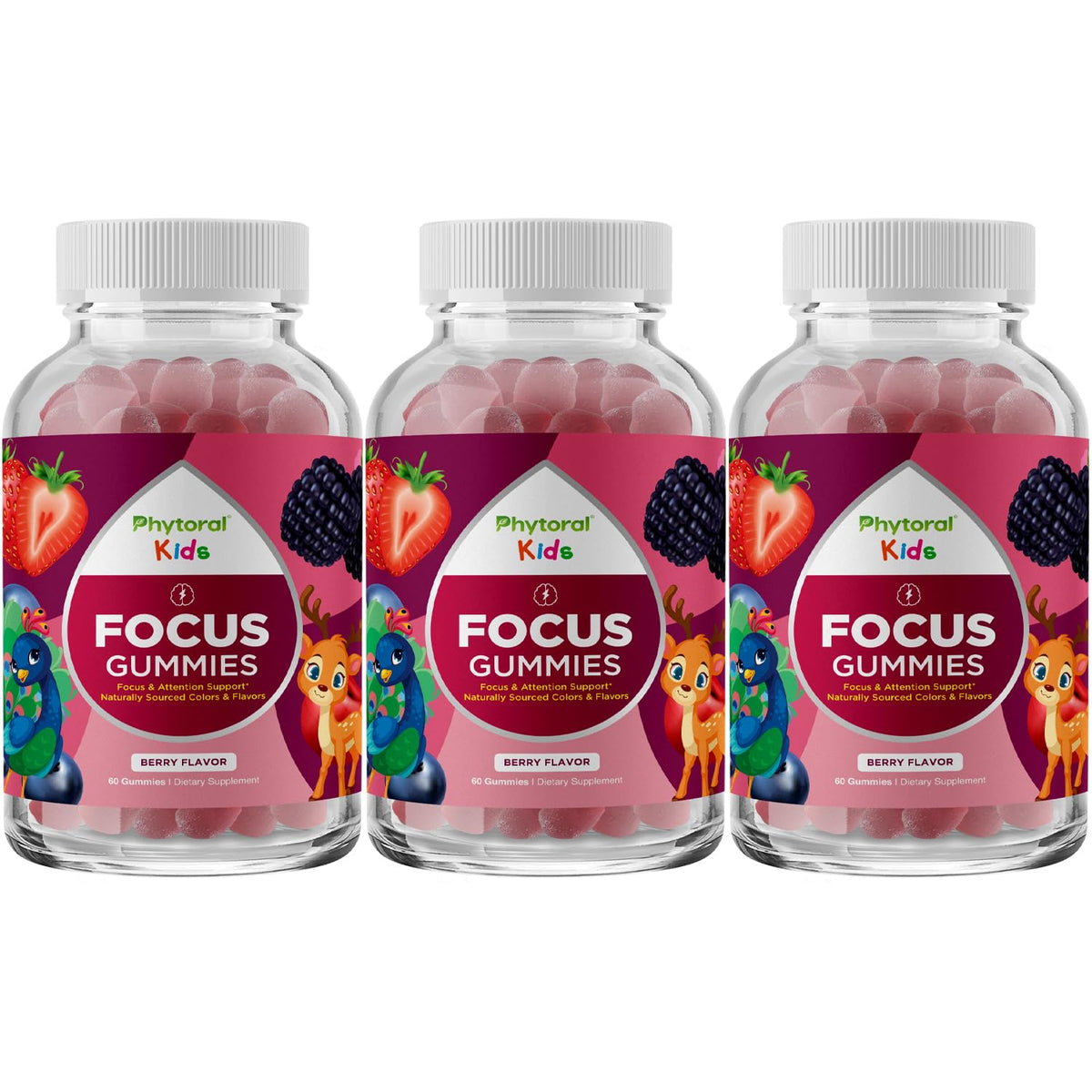 Vegan Kids Focus Gummies packaging front showing 3-pack