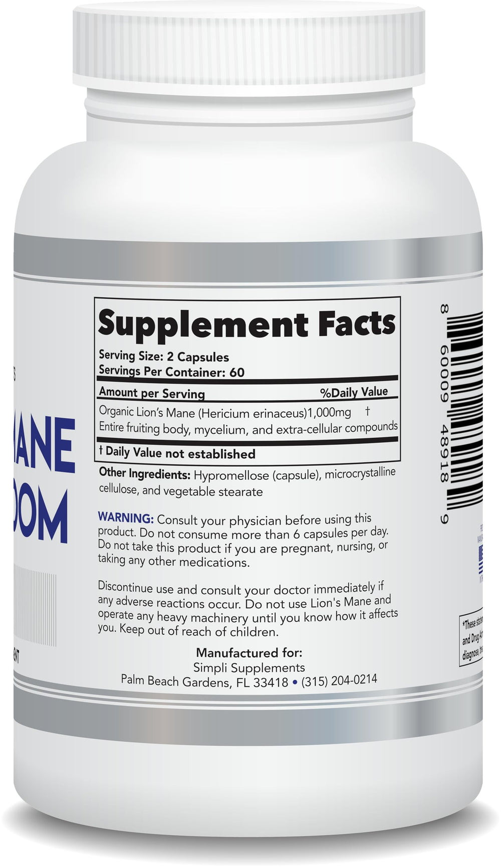 Vegan label on Lion's Mane capsules bottle