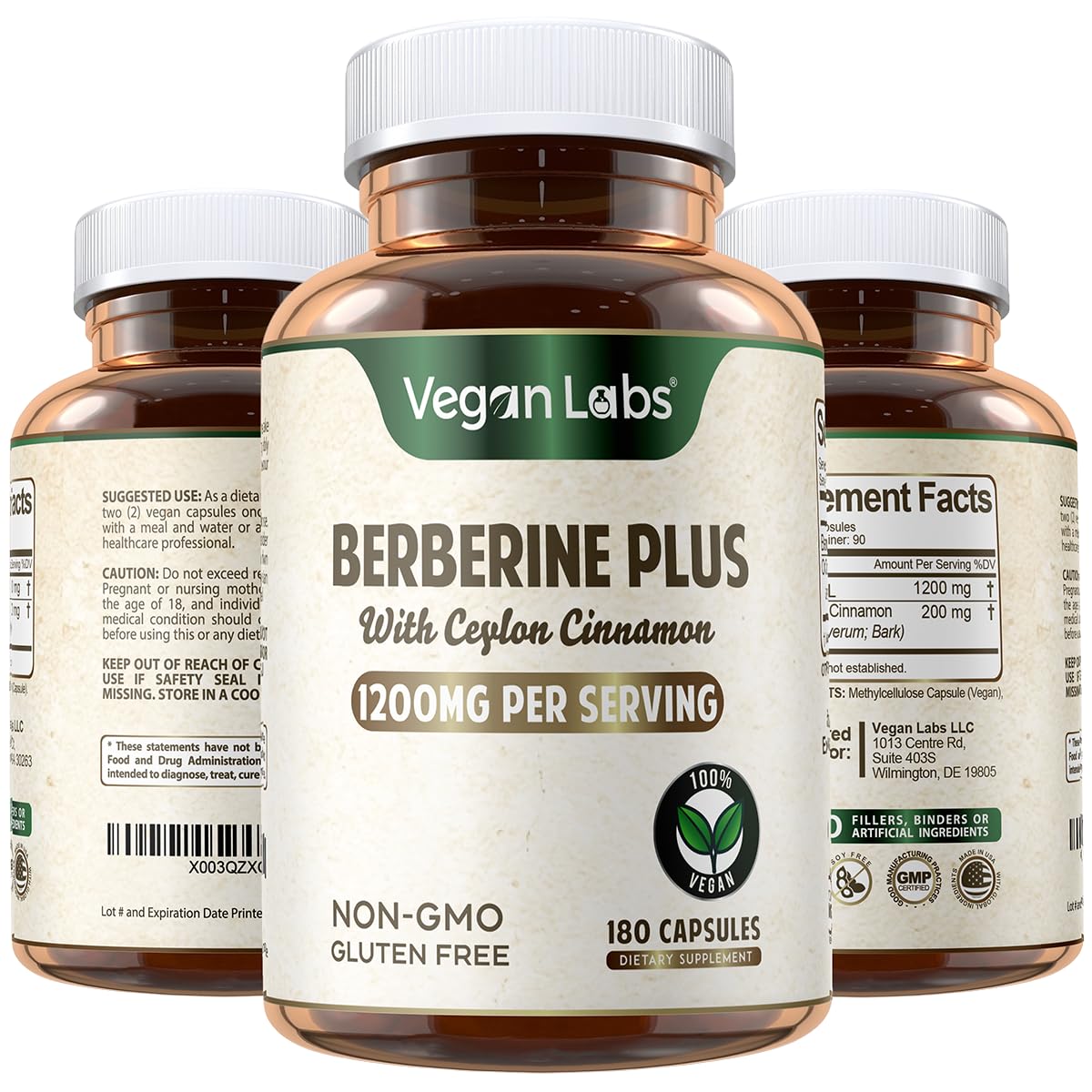 Bottle of Vegan Labs Berberine HCL 1200mg with Organic Cinnamon