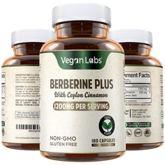 Bottle of Vegan Labs Berberine HCL 1200mg with Organic Cinnamon