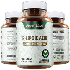 Vegan Labs R-Lipoic Acid 300mg bottle and 120 vegan capsules