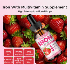 Vegan liquid iron supplement bottle with strawberry flavor