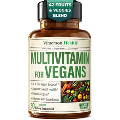 Front view of vegan multivitamin bottle for men and women with 90 tablets