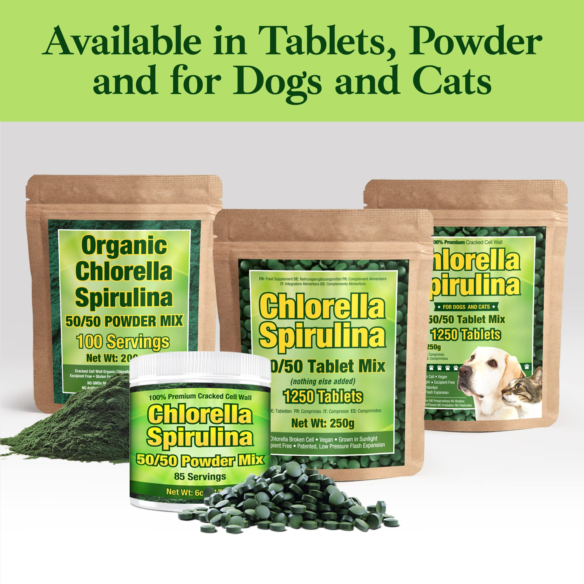 Vegan non-GMO chlorella spirulina powder packaging