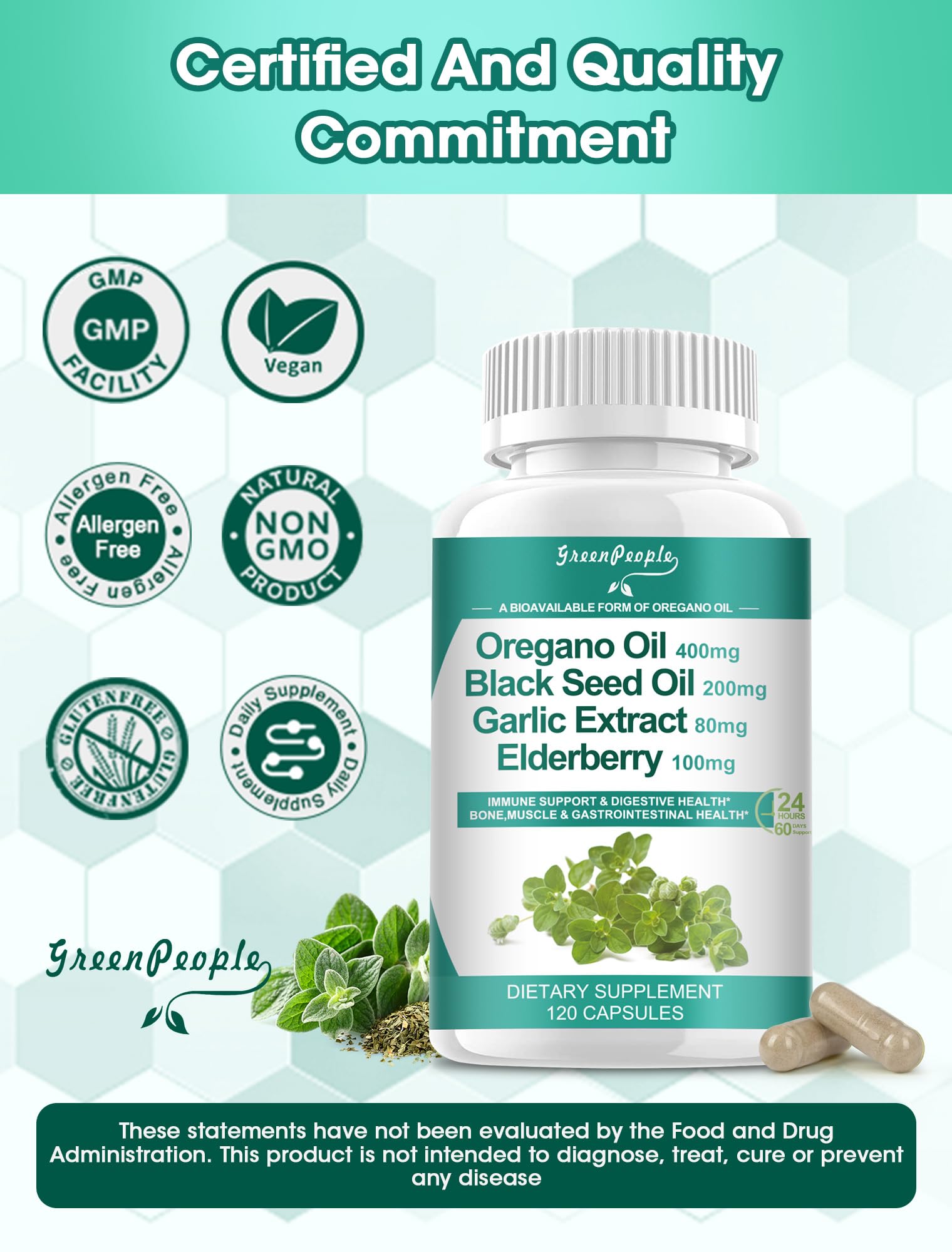 Vegan, non-GMO, gluten-free label on supplement packaging