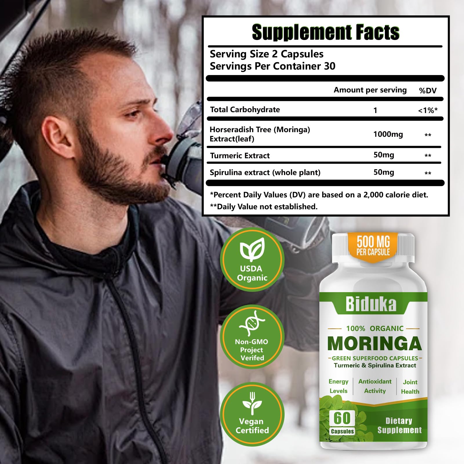 Vegan, Non-GMO, Gluten-Free seals on bottle