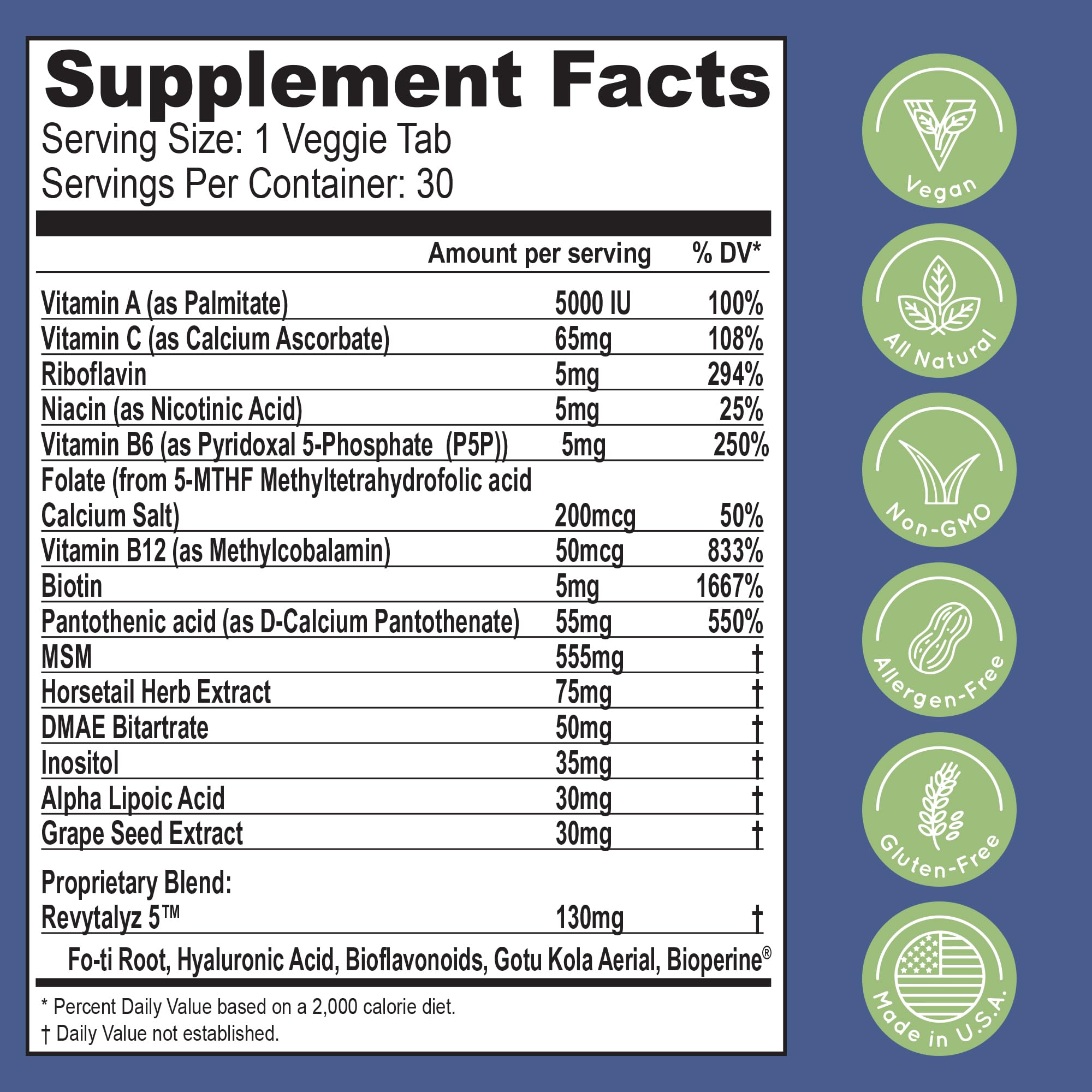 Vegan, non-GMO, gluten-free supplement packaging