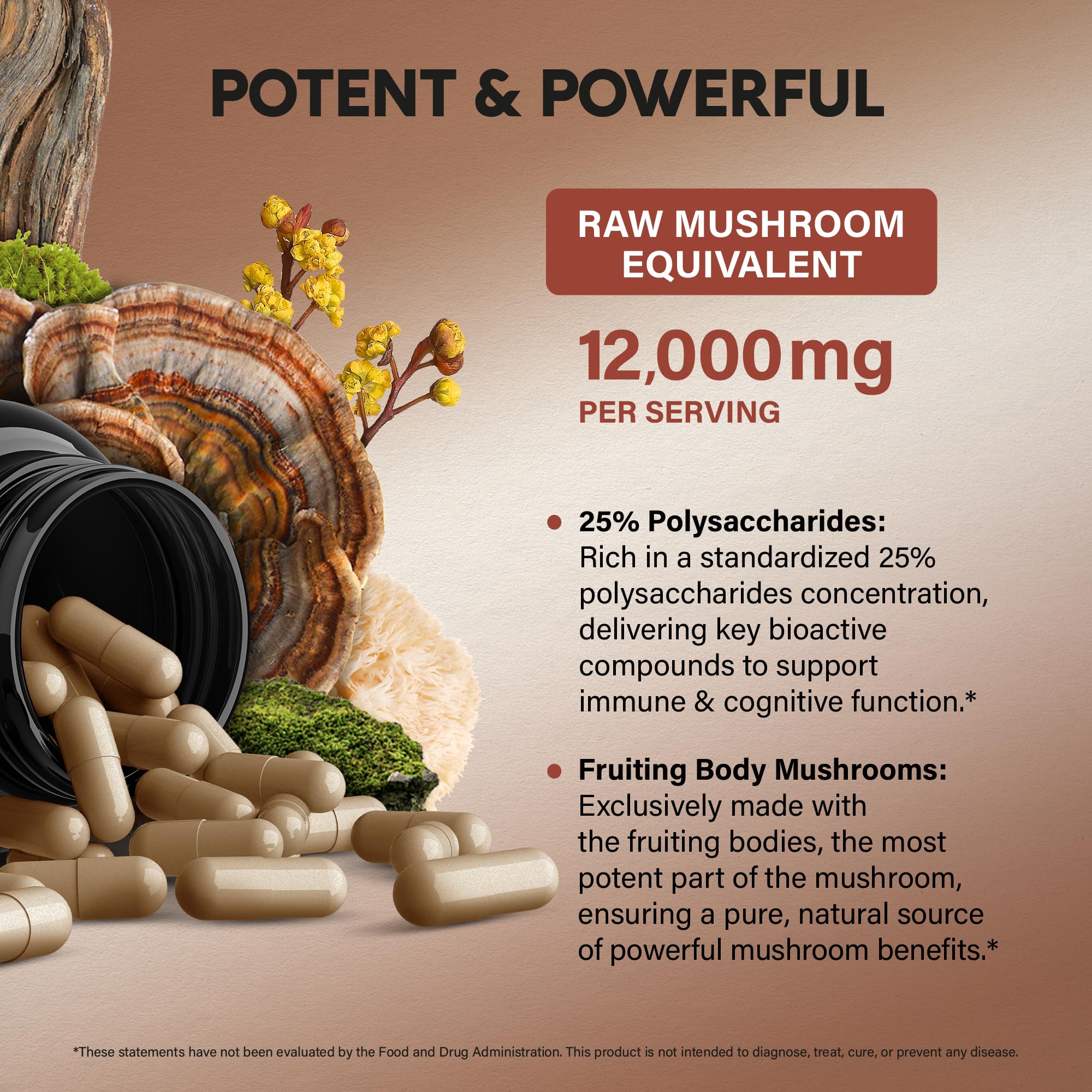 Vegan, non-GMO mushroom capsules in a bottle