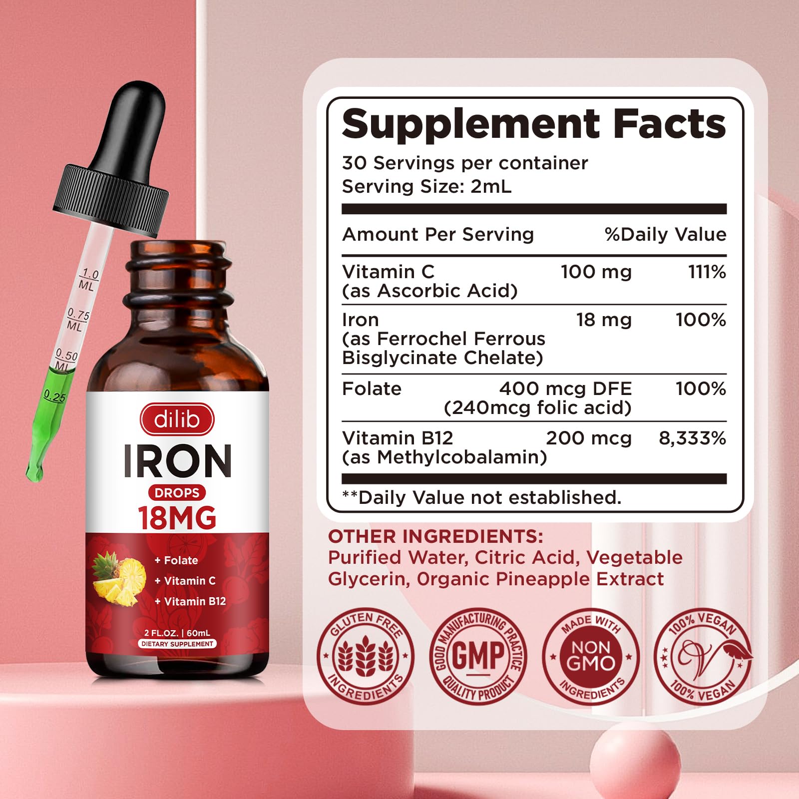 Vegan, non-GMO, gluten-free, dairy-free pineapple iron drops