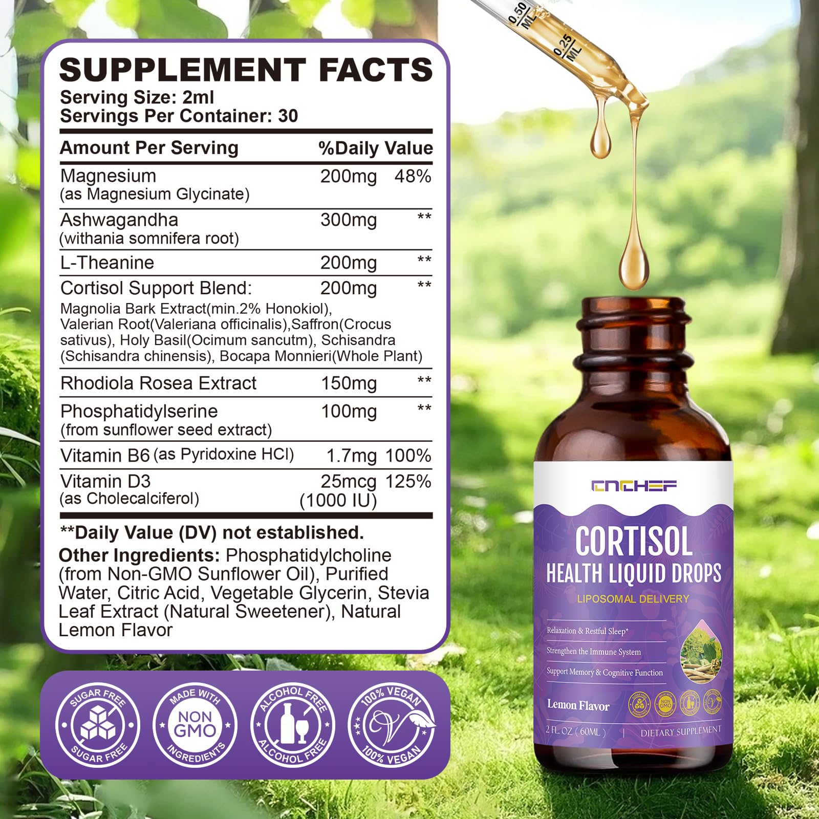 Vegan, non-GMO, sugar-free cortisol drops bottle