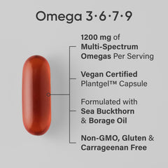 Packaging showing vegan omega 3-6-7-9 multi-spectrum formula