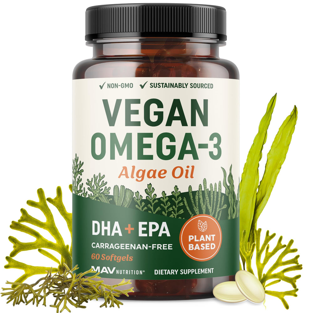 Front view of Vegan Omega 3 Algae Oil bottle