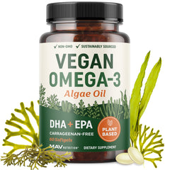 Front view of Vegan Omega 3 Algae Oil bottle