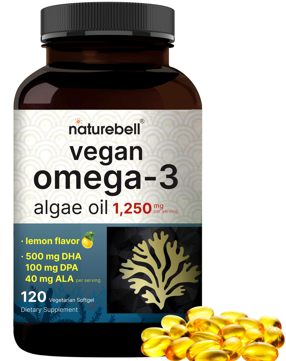 Vegan Omega-3 Algae Oil Softgels Lemon Flavor bottle front