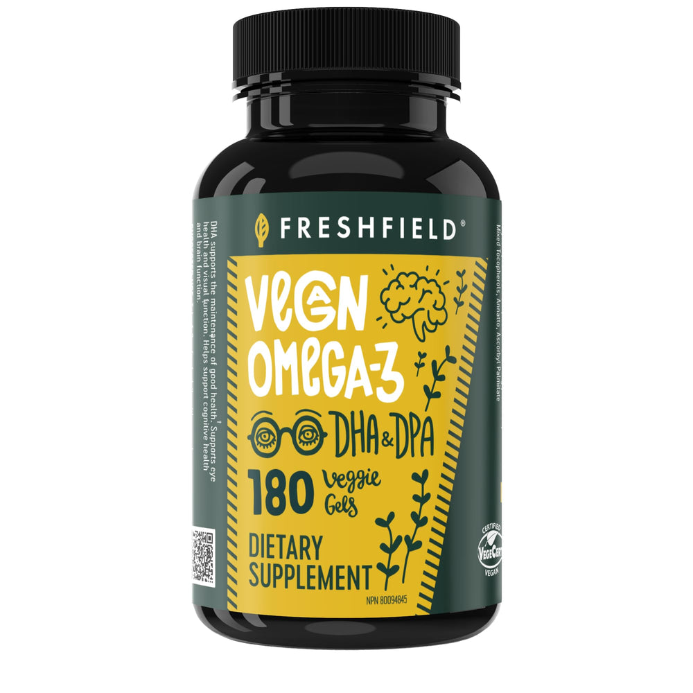 Vegan Omega-3 DHA from algae oil bottle and capsules