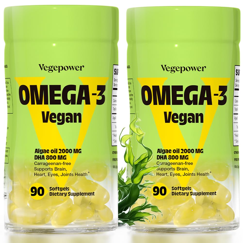 Front view of Vegepower vegan omega-3 DHA algae oil softgels bottle