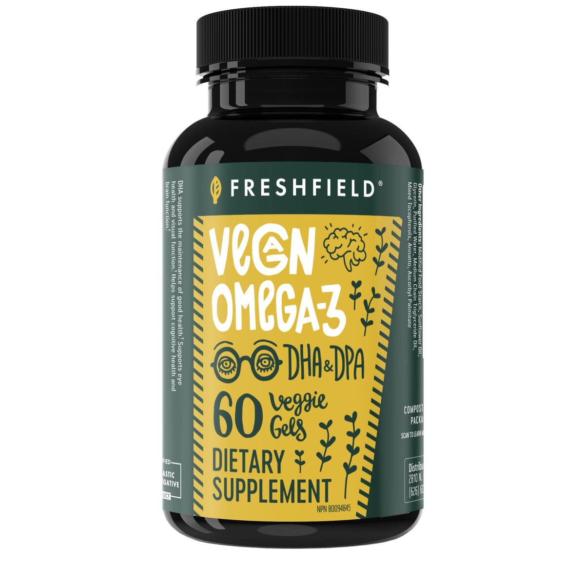 Freshfield Vegan Omega-3 DHA + DPA algae oil bottle and capsules
