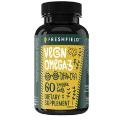 Freshfield Vegan Omega-3 DHA + DPA algae oil bottle and capsules