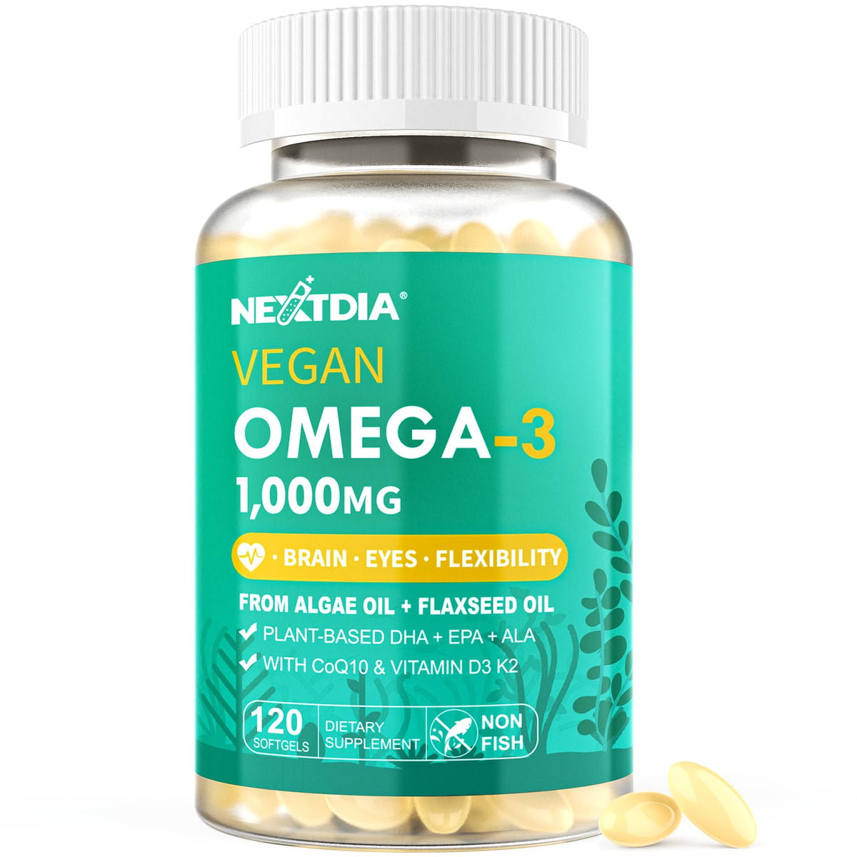Vegan Omega-3 1000mg DHA EPA ALA softgels in bottle