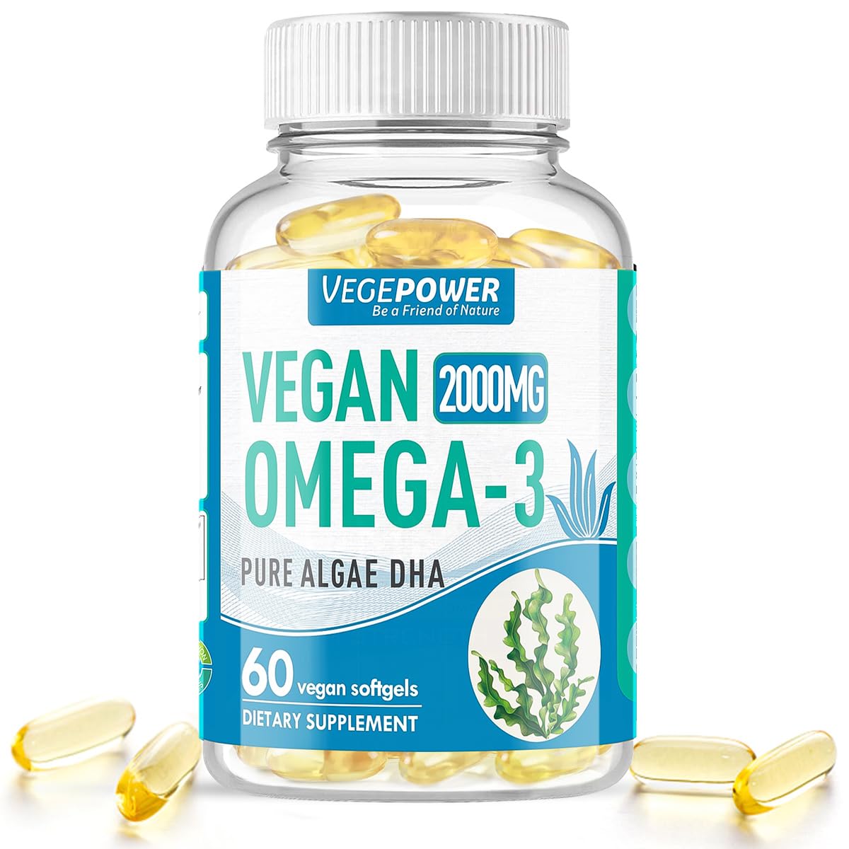 Front view of Vegan Omega-3 DHA bottle with 60 softgels