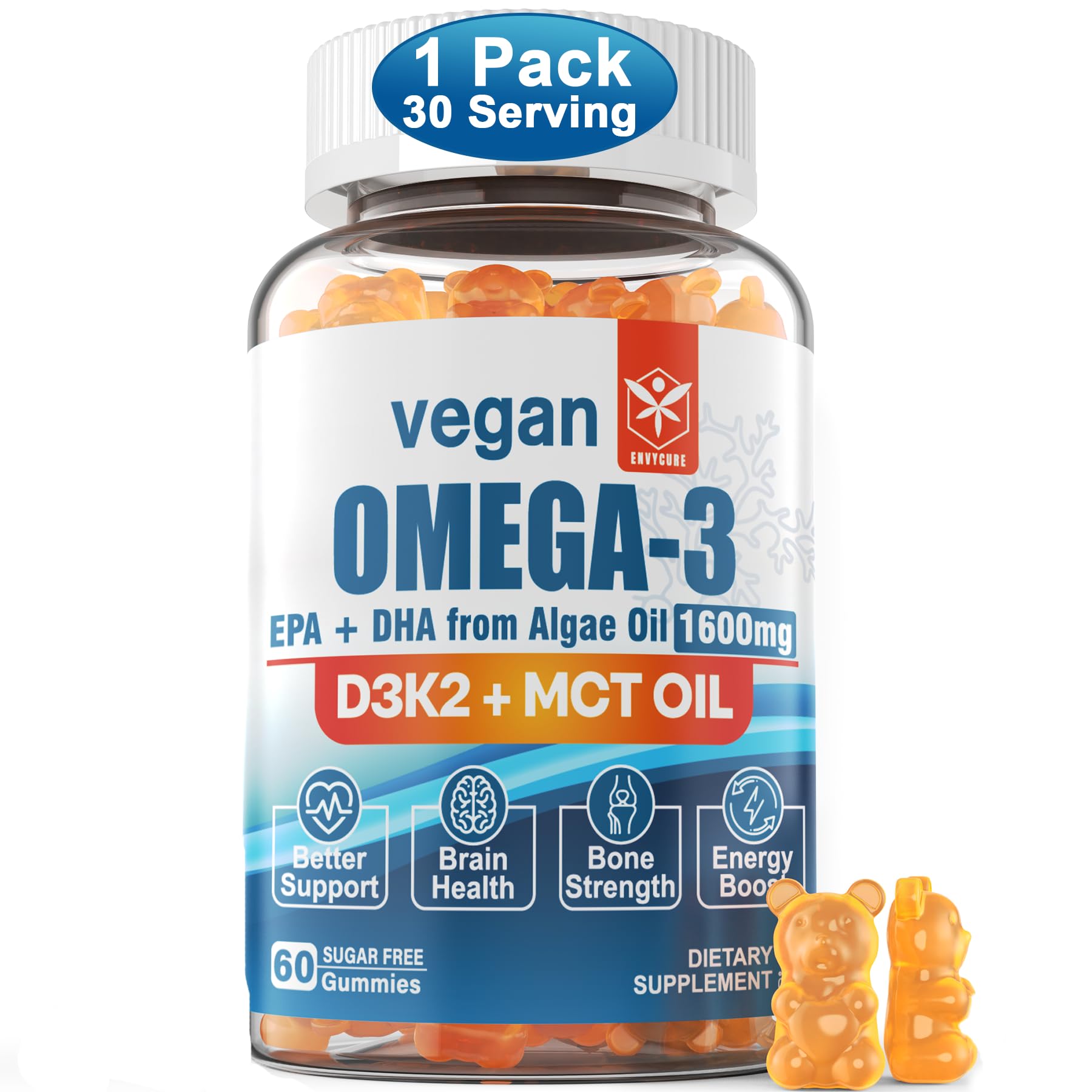 Front view of Vegan Omega-3 Gummies 1280mg with Vitamin D3/K2 (MK7) packaging