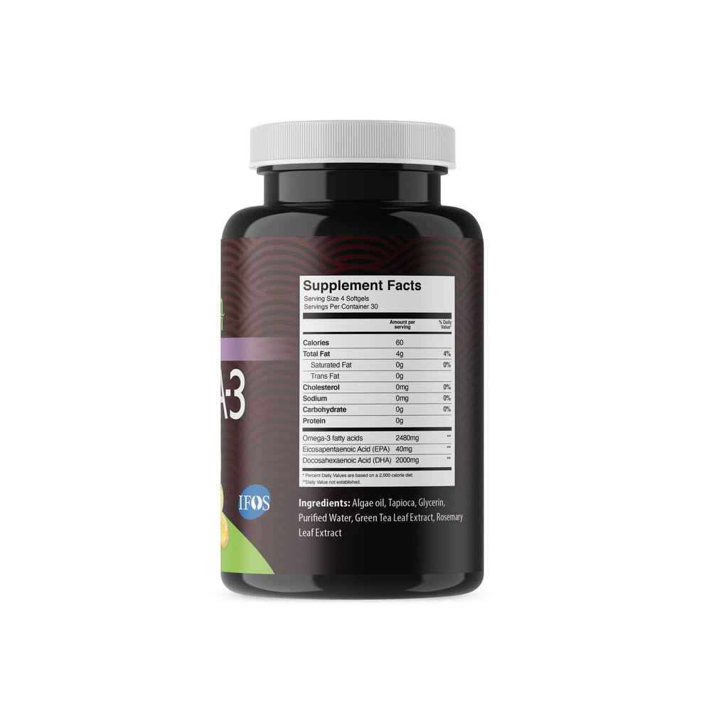 Vegan organic algae oil Omega-3 softgels in packaging