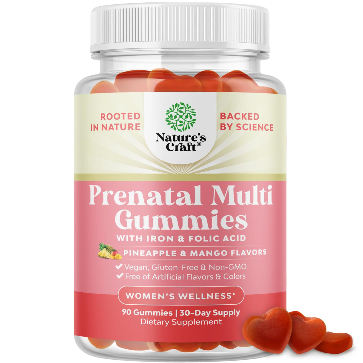 Front view of vegan prenatal gummies bottle with Pineapple Mango flavor