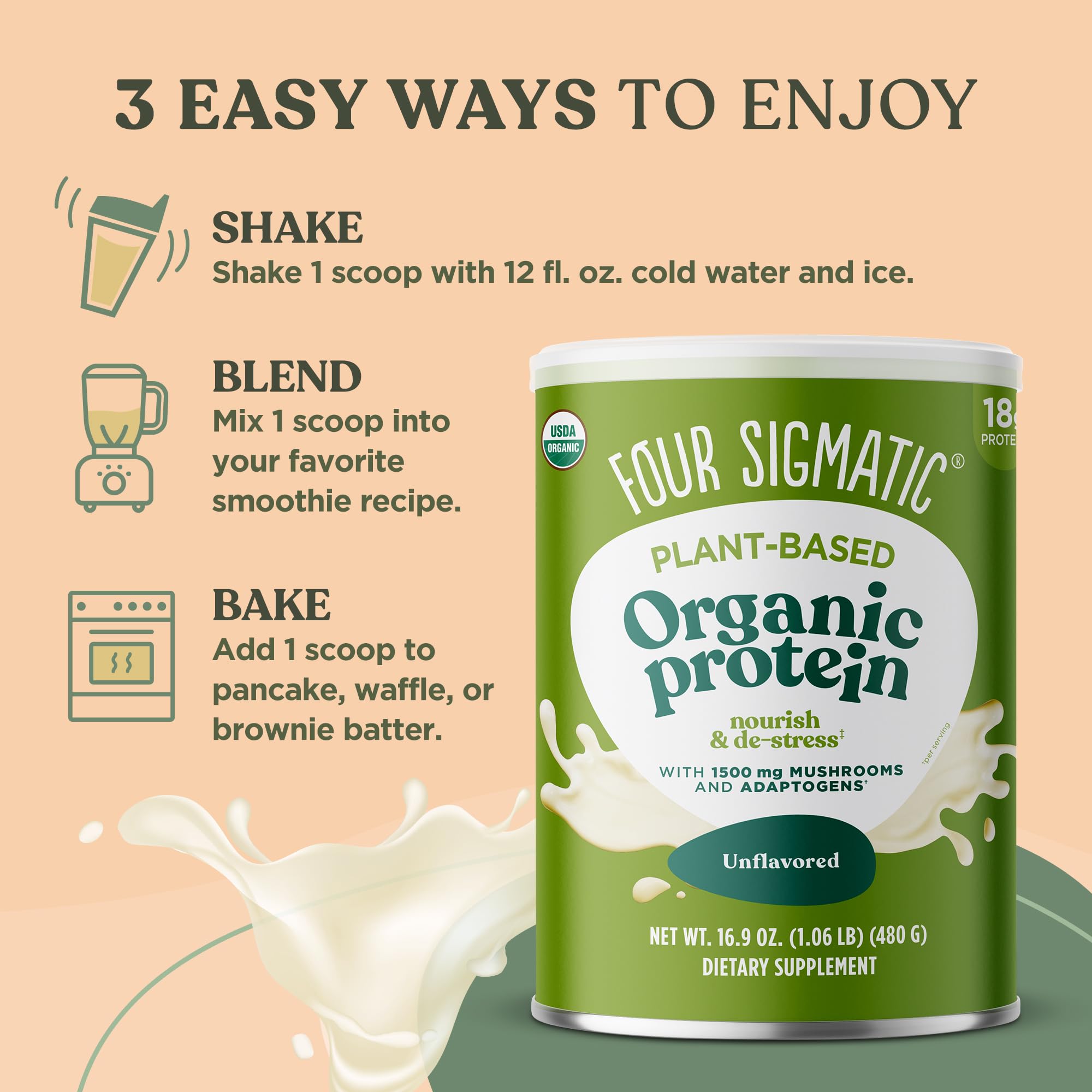 Nutrition panel on Four Sigmatic protein powder container