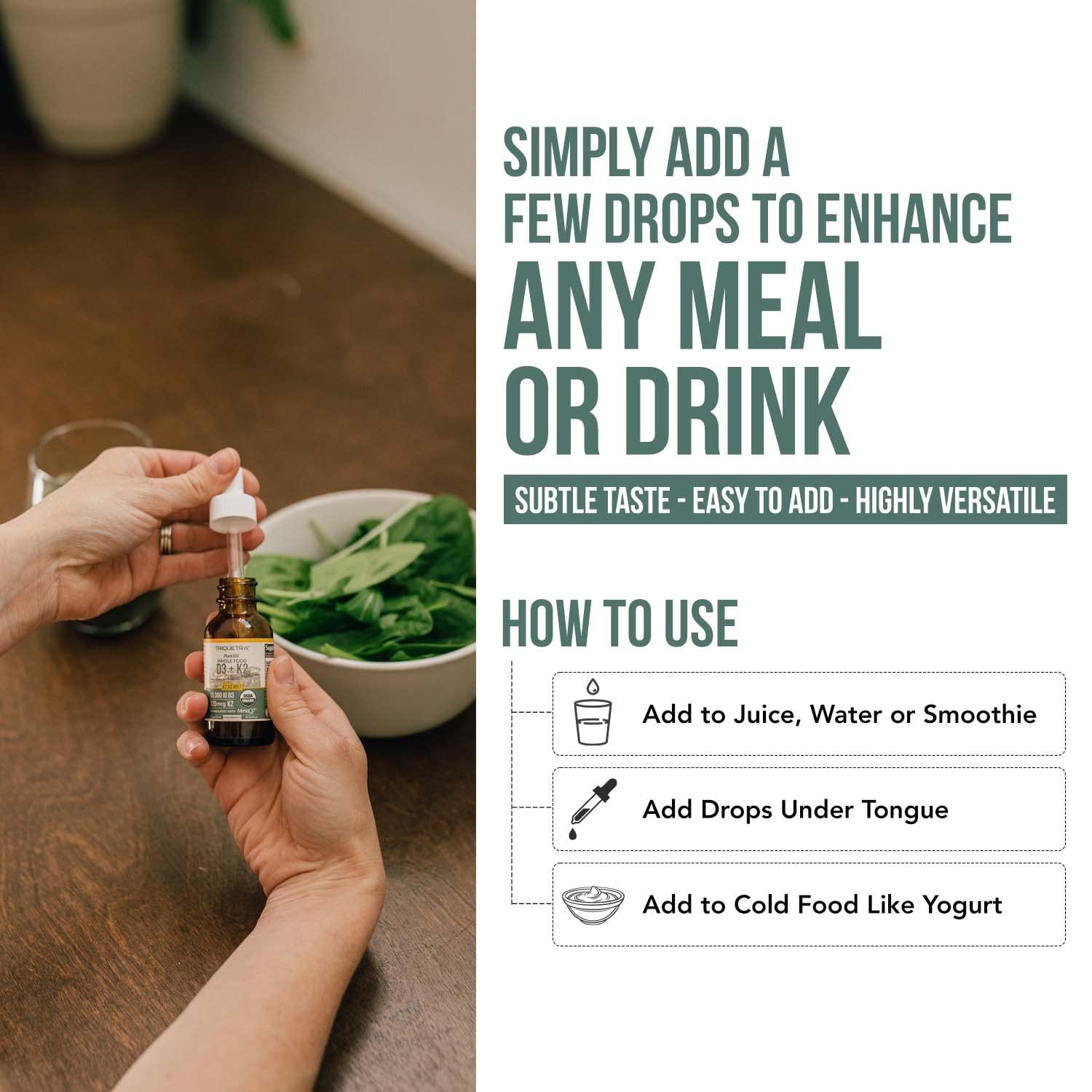 Vegan, plant-based vitamin D3 and K2 sublingual drops