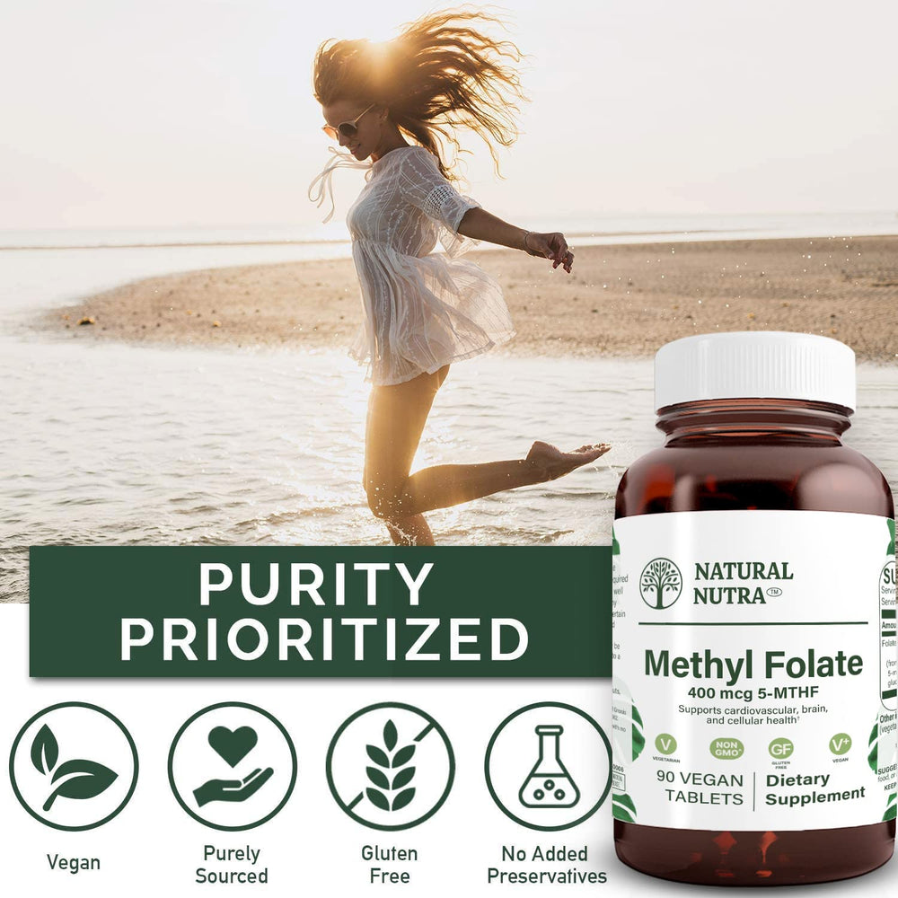 Amber glass bottle of vegan methyl folate tablets