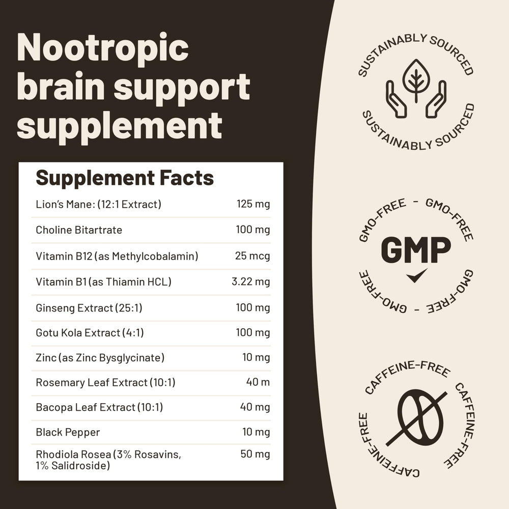 Close-up of Lion’s Mane extract with beta-glucans and vitamins on label