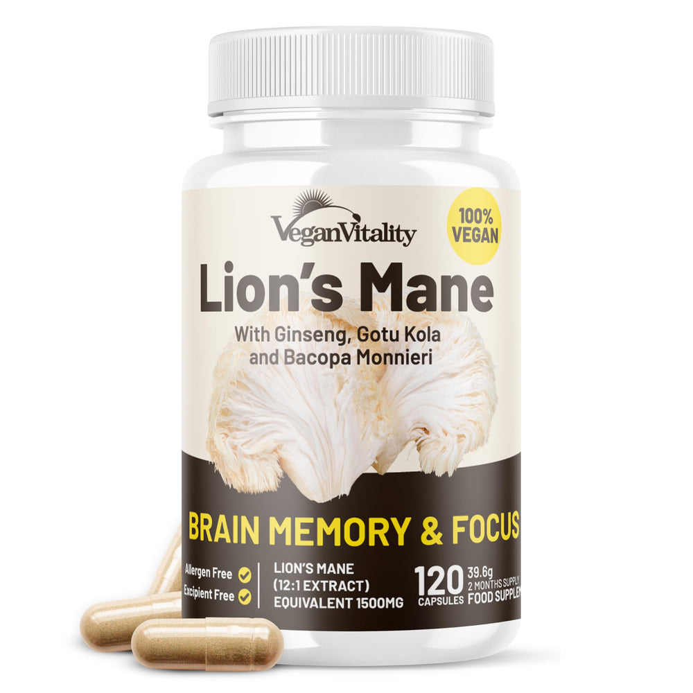 Vegan Vitality Lions Mane supplement bottle front view