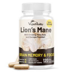 Bottle of Vegan Vitality Lions Mane supplement capsules