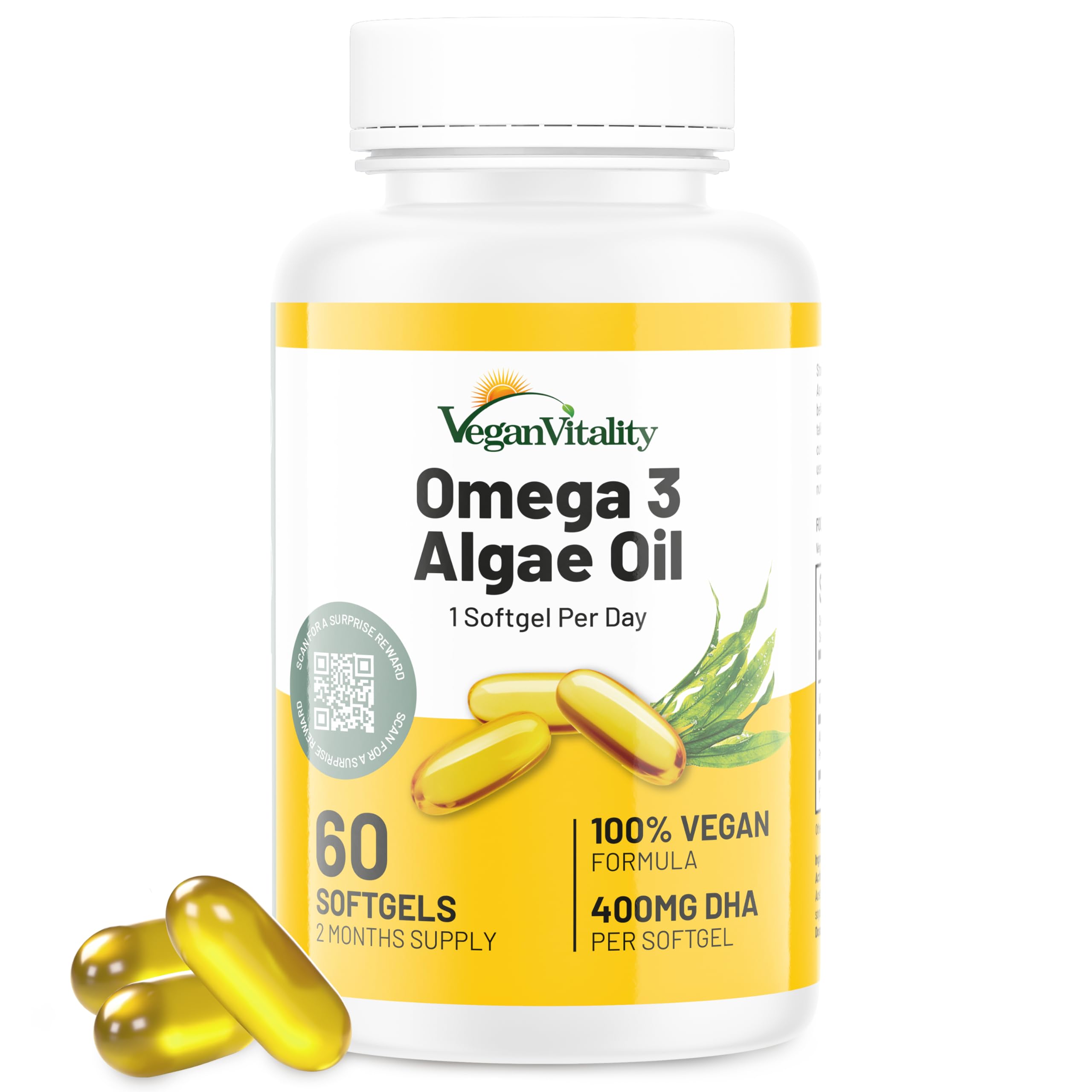 Vegan Vitality algae-based Omega-3 DHA soft gels bottle – 60 count