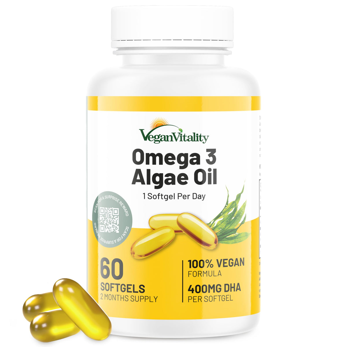 Vegan Vitality algae-based Omega-3 DHA soft gels bottle – 60 count