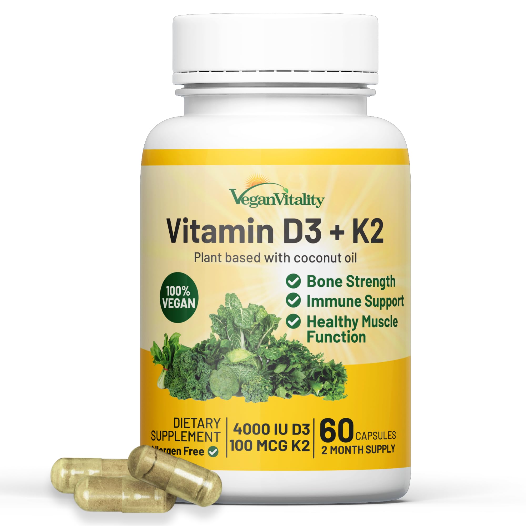 Vegan Vitality Vitamin D3 K2 4000IU bottle with coconut oil