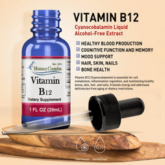 Vegan-friendly Vitamin B12 liquid drops with dropper.