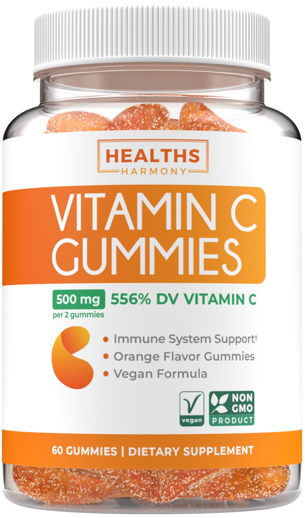 Bottle of vegan vitamin C gummies for adults with orange flavor and 500 mg per serving