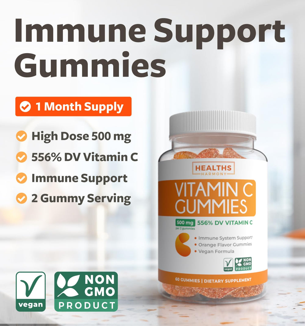 Close-up of orange-flavored vegan vitamin C gummy showing 500 mg per serving
