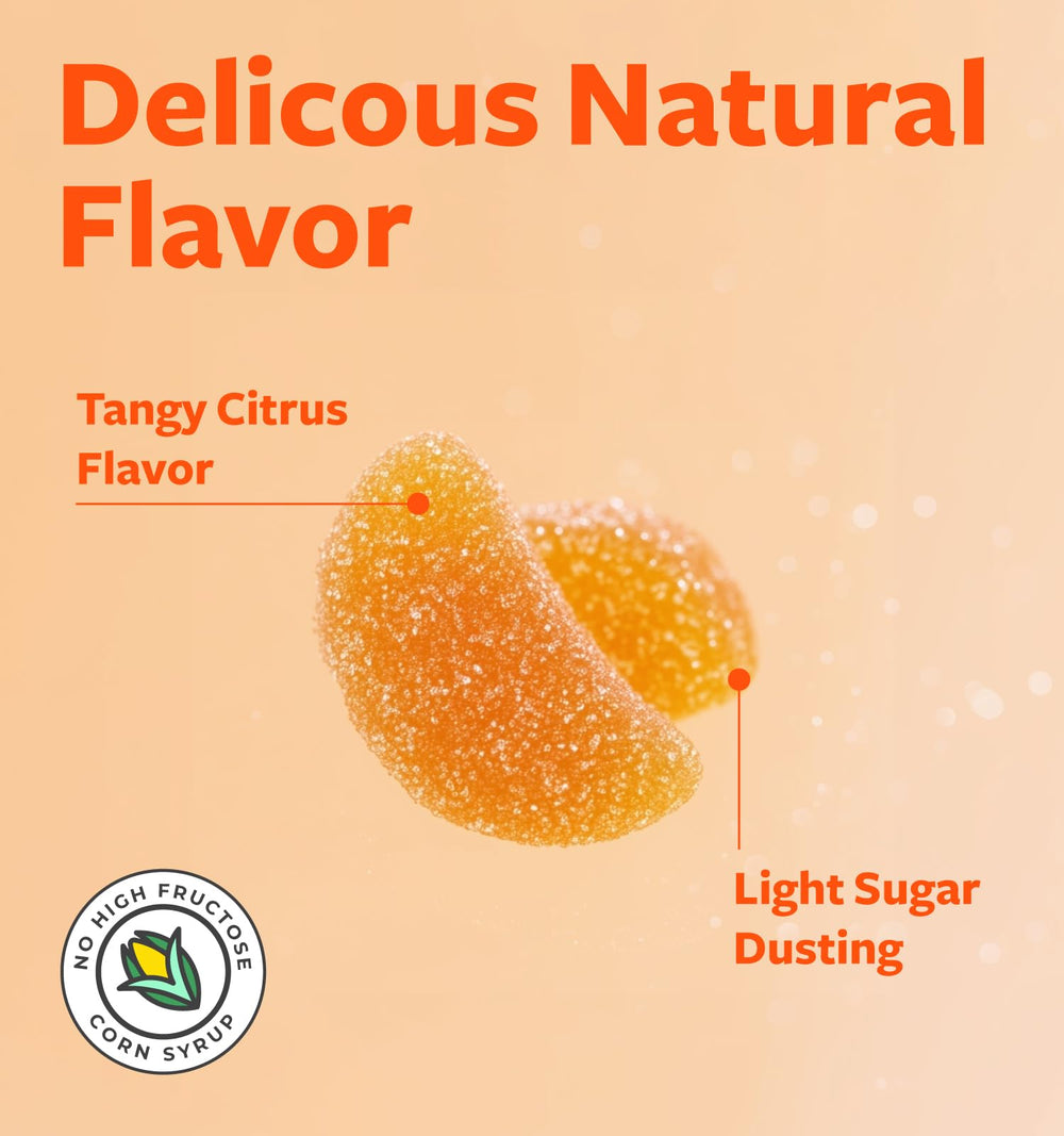 Label on vegan vitamin C gummies highlighting non-GMO and 500 mg