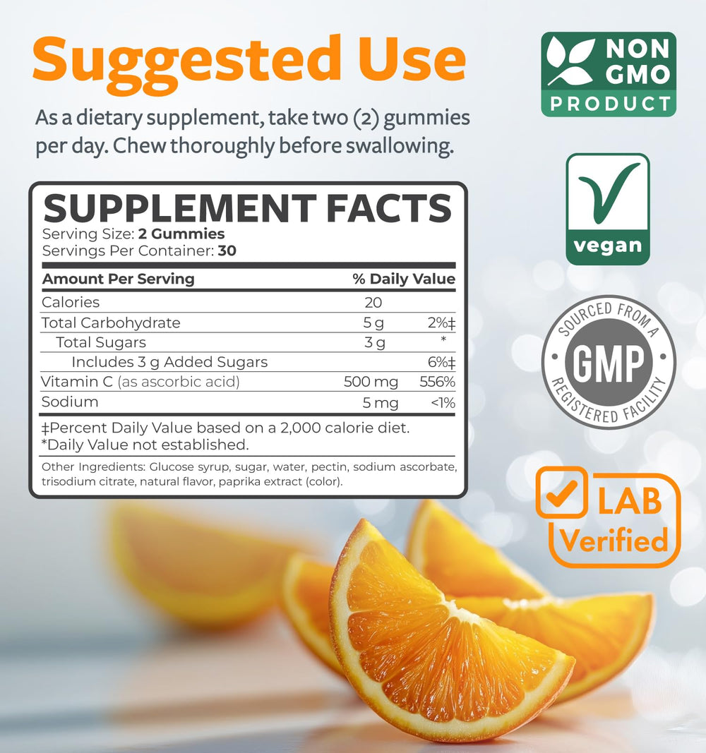 Collection of orange vitamin C gummies in a bright setup