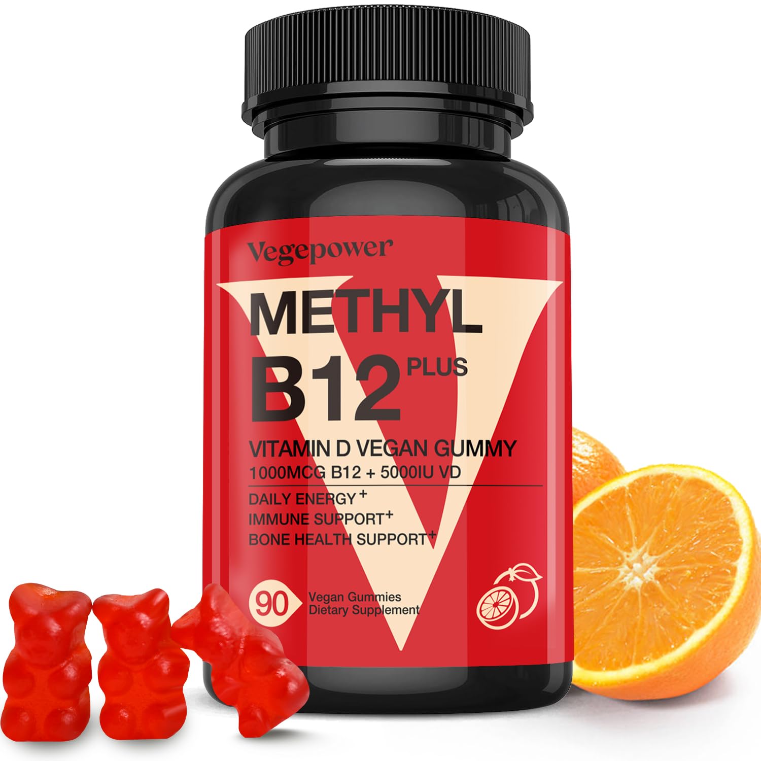 Front bottle of Vegan Vitamin D3 + B12 Gummies in orange flavor