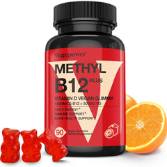 Front bottle of Vegan Vitamin D3 + B12 Gummies in orange flavor