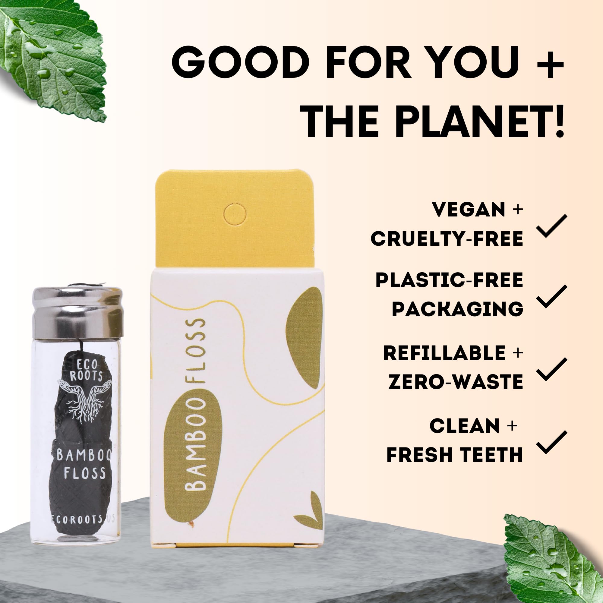 Natural vegan wax coating on bamboo dental floss