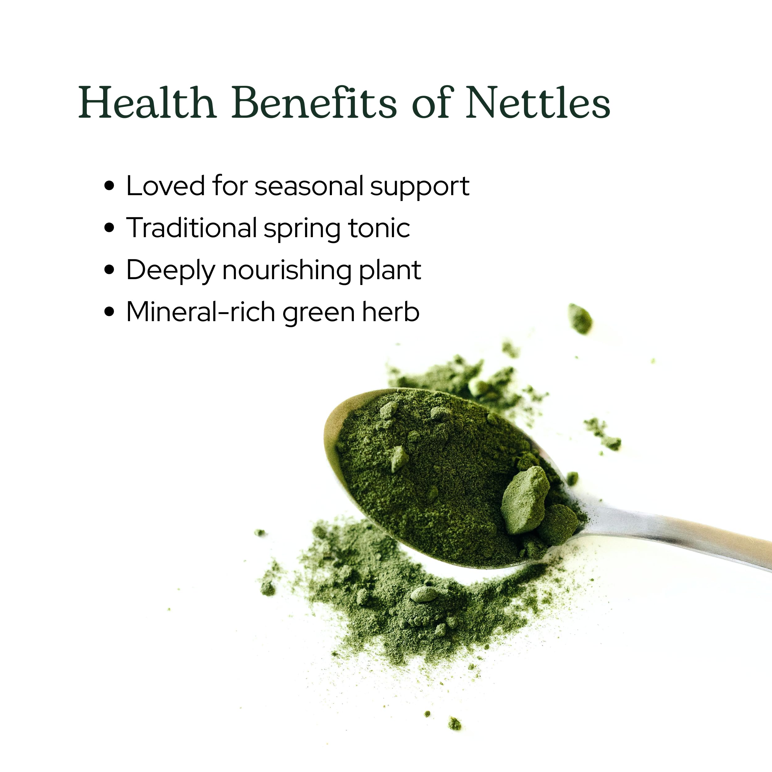 Vegan, whole herb nettle leaf powder packaging with scoop.