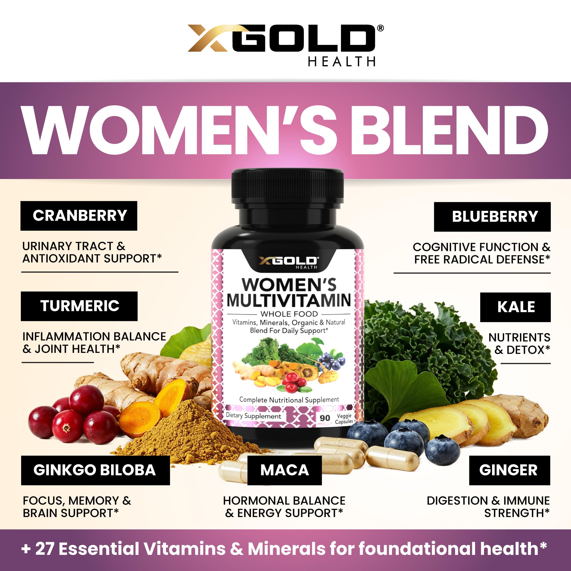 Organic whole-food ingredients including cranberry, kale, ginger, turmeric, maca