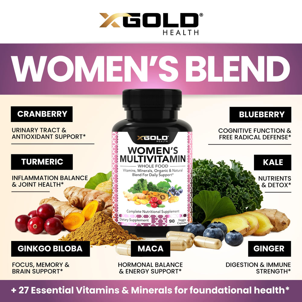 Organic whole-food ingredients including cranberry, kale, ginger, turmeric, maca