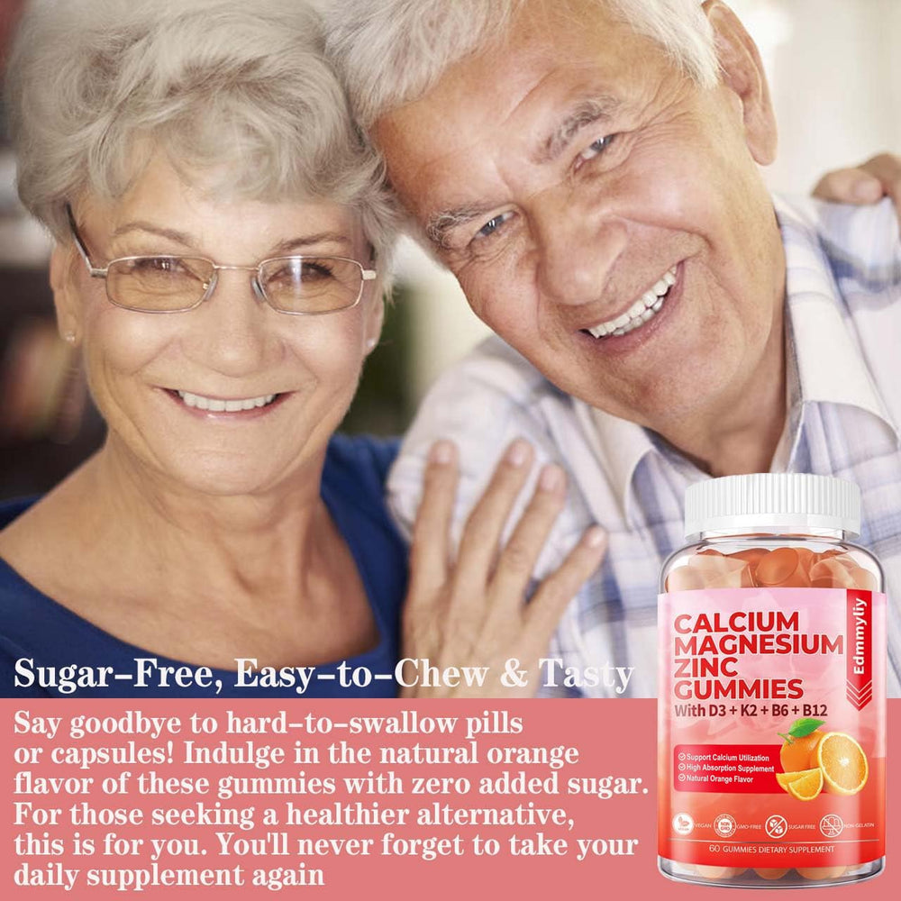 Ingredients panel showing vegan, non-GMO calcium magnesium zinc gummies